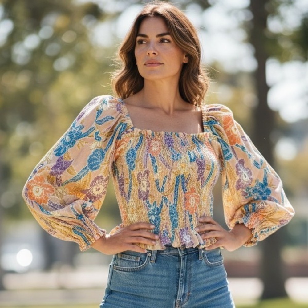 Urban Outfitters Floral Smocked Puff Sleeve Blouse Bohemian Cottagecore Festival - Picture 11 of 12